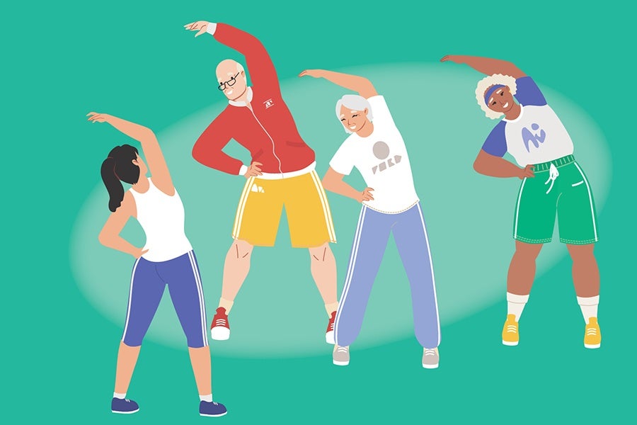 Four people are stretching with one arm raised over their heads and the other hand on their hips. They wear casual athletic clothing, including shorts, track pants, t-shirts, and sneakers, against a teal background.