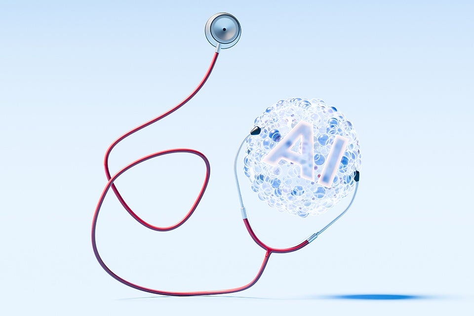 A red stethoscope with its chest piece and earpieces positioned around a cluster of translucent spheres, inside which the glowing letters "AI" are prominently displayed, set against a light blue background.