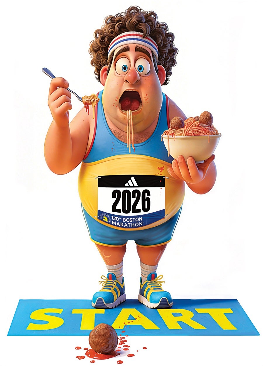 A cartoonish, overweight man with curly hair and a headband is wearing a blue and yellow running outfit with a "2026 130th Boston Marathon" bib. He is standing on a blue mat with the word "START" in large yellow letters. The man is eating spaghetti with meatballs, holding a bowl in one hand and a fork with spaghetti in the other, with some spaghetti hanging from his mouth. A meatball with sauce is on the ground in front of him.