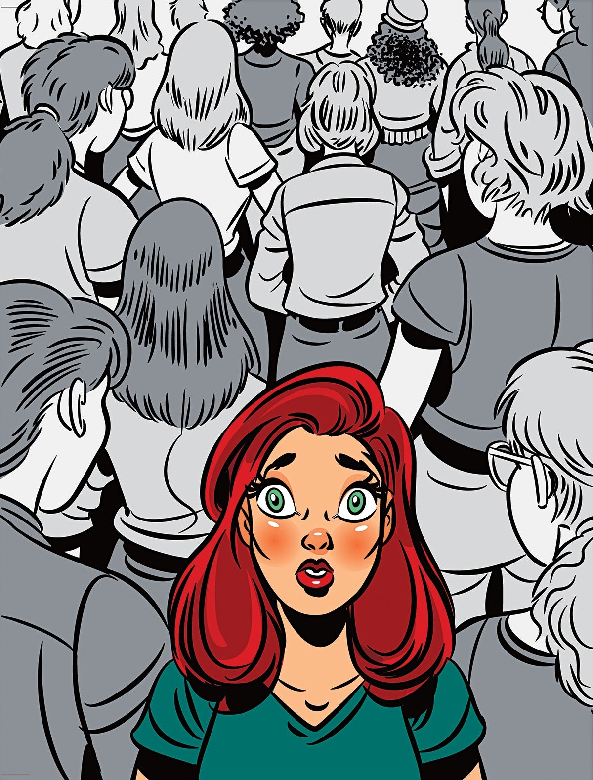 A red-haired woman with green eyes and a surprised expression stands out in the foreground, surrounded by a crowd of people shown from behind in grayscale. The woman wears a V-neck green shirt, and her face is flushed with a reddish blush. The crowd around her is densely packed, with various hairstyles and clothing styles, but all are depicted in shades of gray, emphasizing the woman's vivid colors and emotional expression.