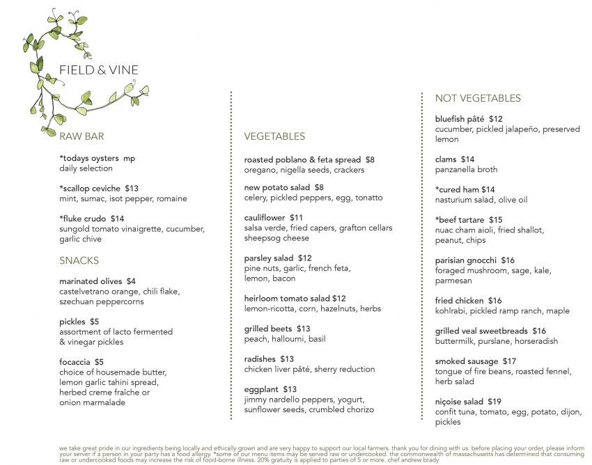 Field & Vine sample dinner menu