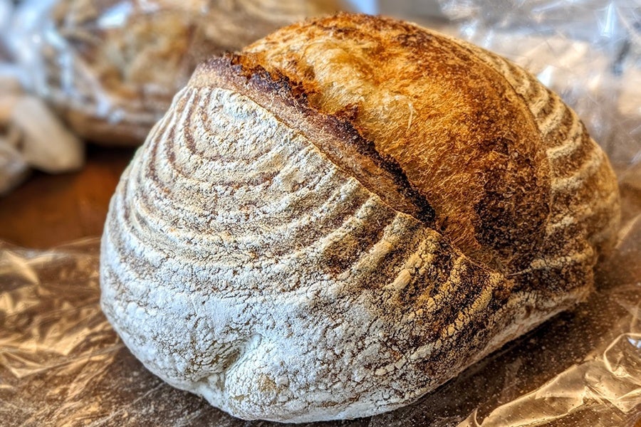 Closeup on a round loaf of sourdough bread with a circular design in the flour on top and a big golden split down the middle of the crust.