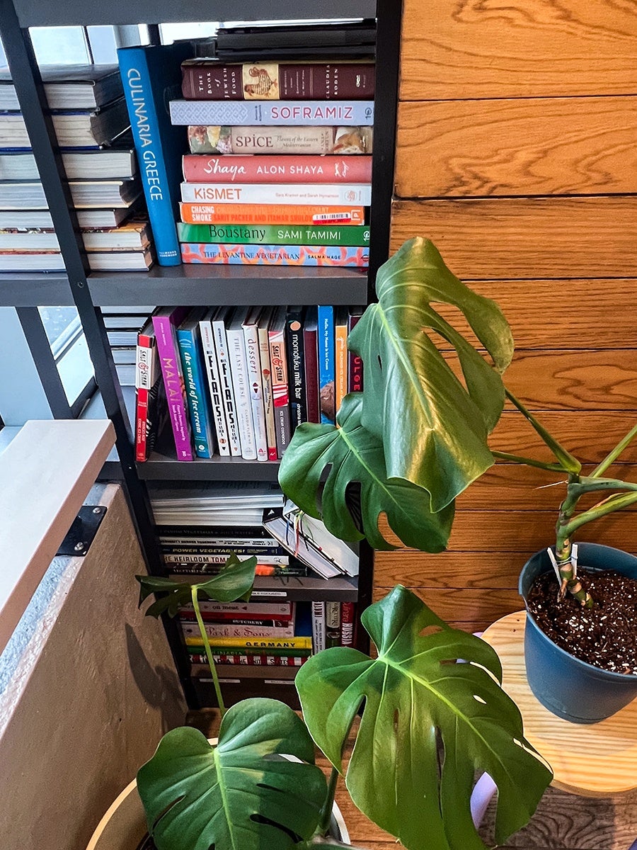 A black bookshelf filled with various cookbooks, positioned against a wooden wall. In front of the bookshelf, there are two potted monstera plants with large green leaves, placed on round wooden stands. The scene is well-lit with natural light coming from the left side.
