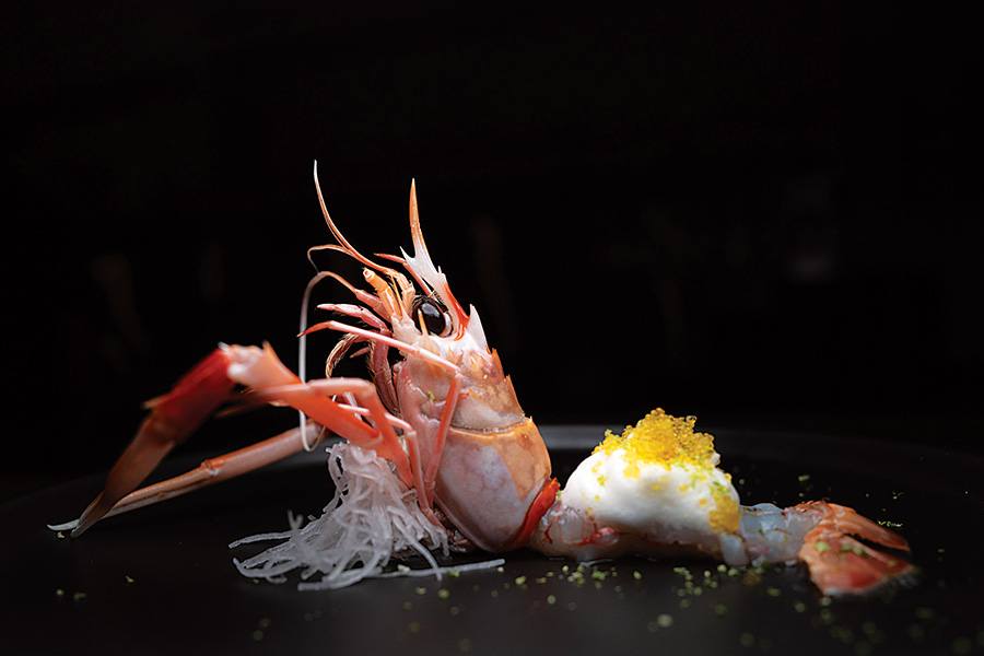 A close-up of a shrimp dish presented on a black plate, featuring a whole shrimp with its head and legs intact, accompanied by a small mound of white foam and yellow garnish on its body, with some shredded white radish underneath. The background is dark, highlighting the dish.