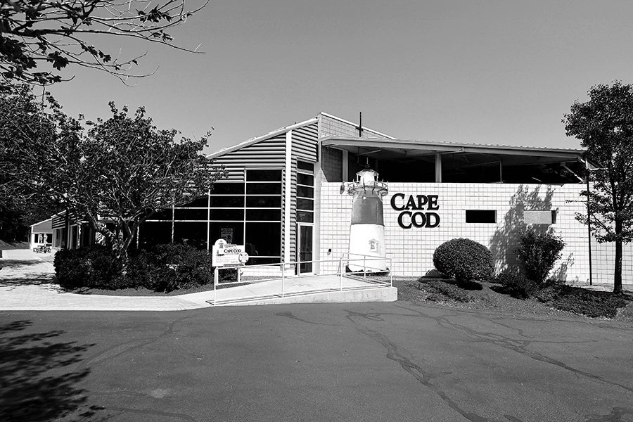 Modern building with large windows and a tiled wall featuring a lighthouse sculpture and the words "CAPE COD" mounted on it, surrounded by trees and bushes.