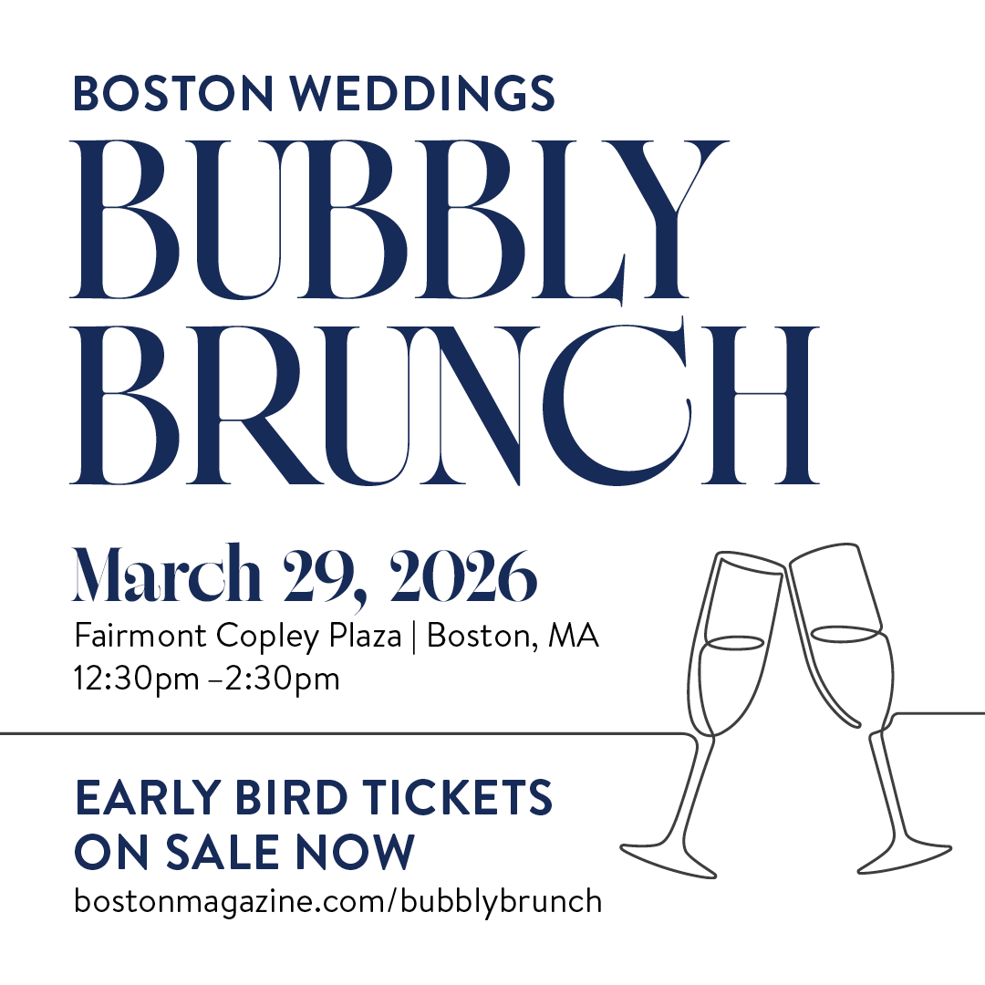 Boston Weddings Bubbly Brunch event on March 29, 2026, at Fairmont Copley Plaza in Boston, MA, from 12:30 pm to 2:30 pm. Early bird tickets are on sale now at bostonmagazine.com/bubblybrunch. The design includes an outline of two clinking champagne glasses.